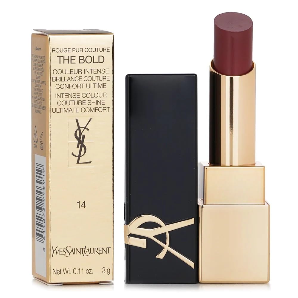 YSL Rouge Pur Couture The Bold 14 lipstick swatch showing couture gloss for a luminous look.