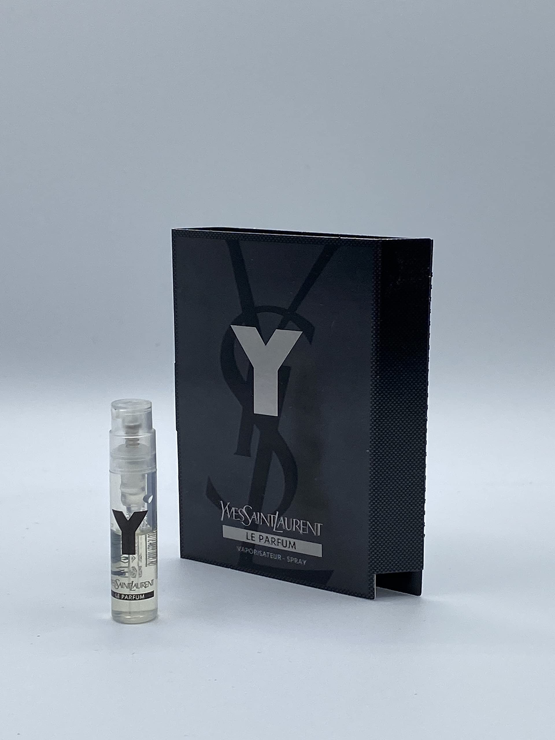 YSL Y For Men sample bottle, front view, half-filled for trial fragrance.