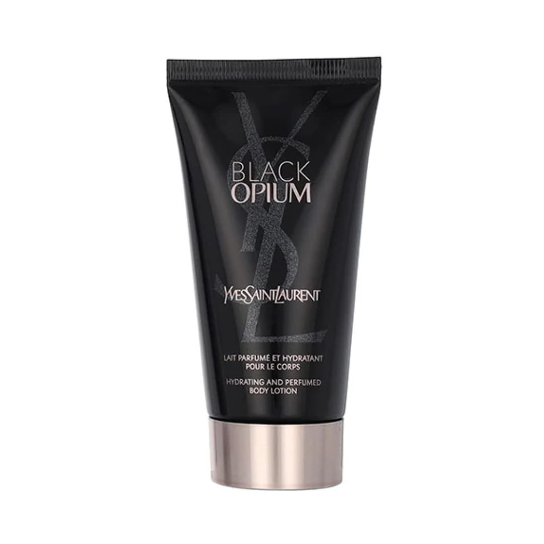YSL Black Opium shimmering moisture fluid bottle, front view, luxurious body hydration ready for daily routine.