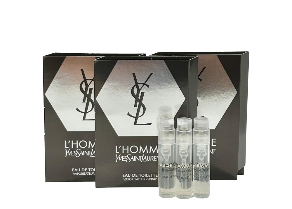 YSL Men L'Homme EDT sample set vials for travel and testing.