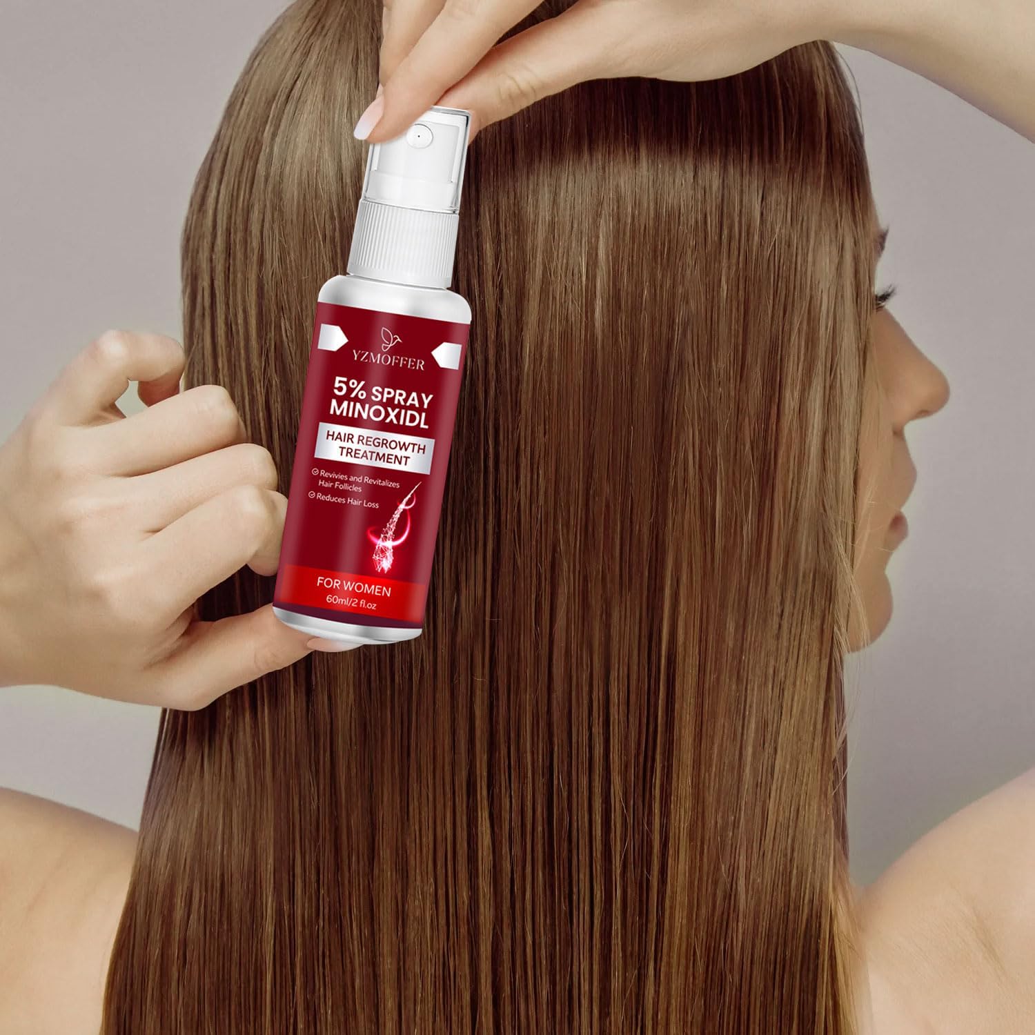 Yzmoffer 5% Minoxidil spray in daily routine, supporting hair confidence.