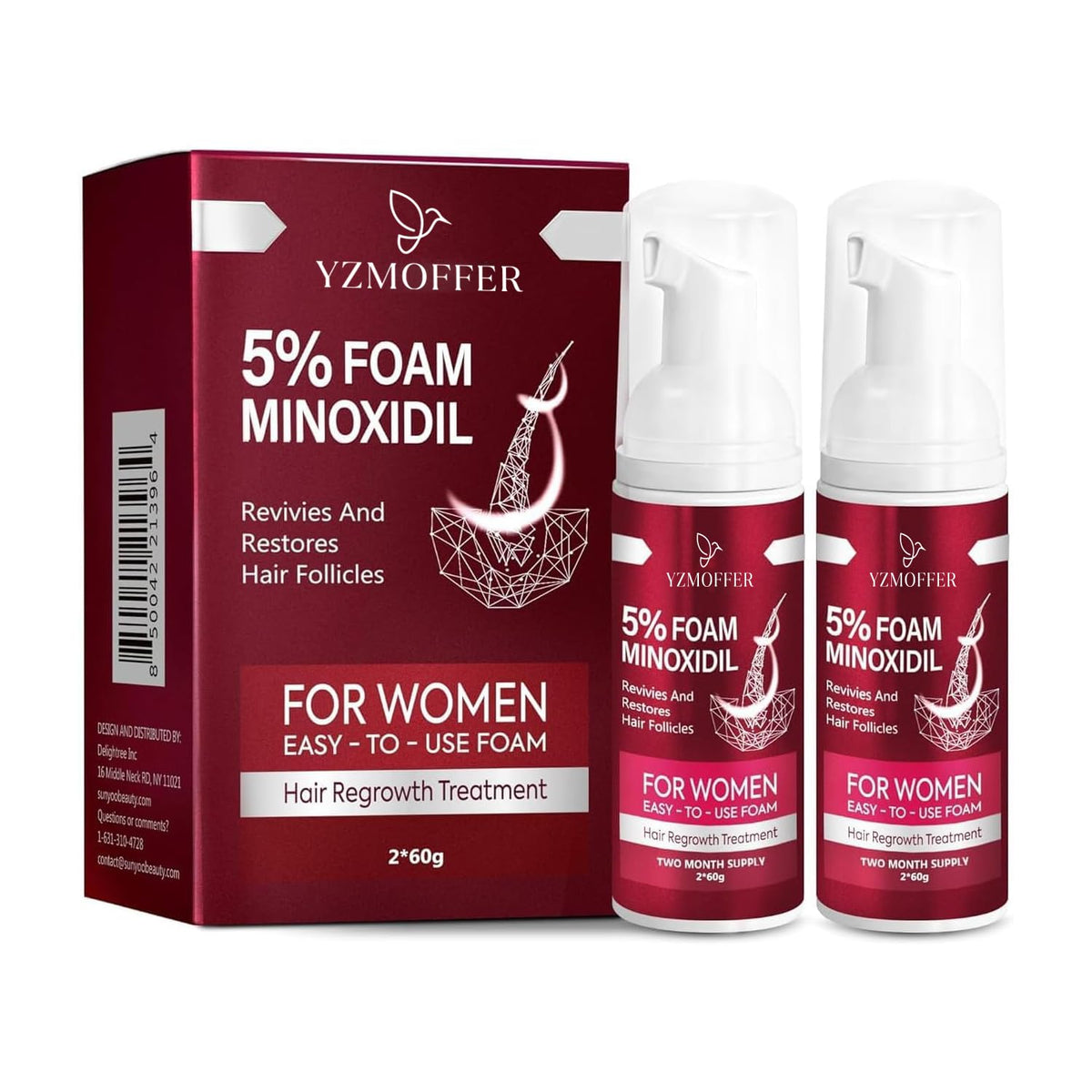 Yzmoffer Women's 5% Minoxidil Foam bottle closeup for targeted scalp treatment.