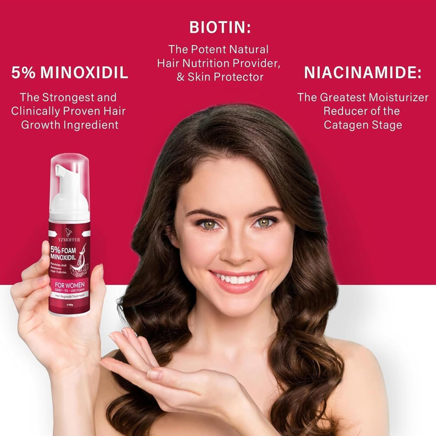 Yzmoffer Women's 5% Minoxidil Foam dispensing action demonstrates easy application.