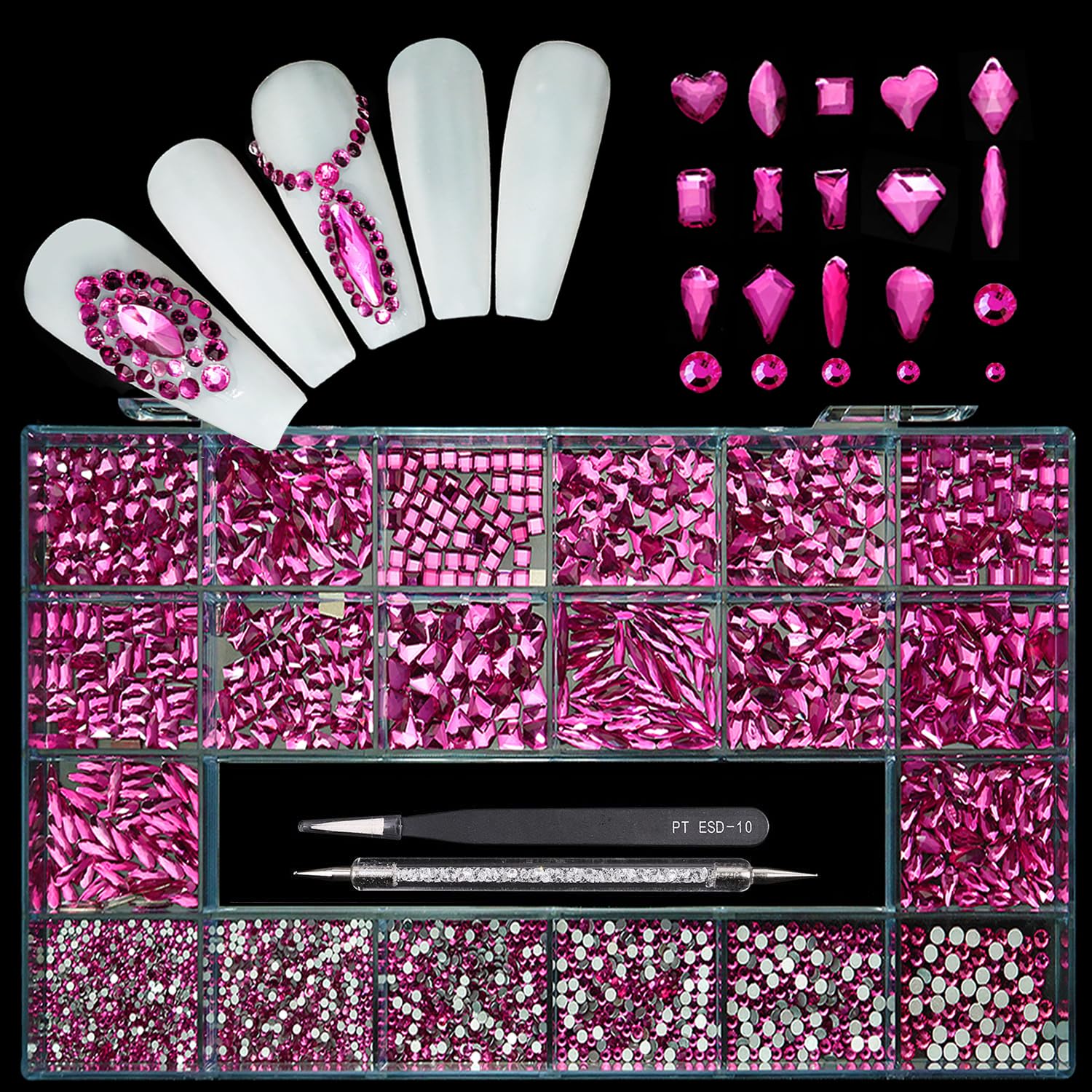Yzzseven rose-pink diamonds in 14 types for versatile nail art designs.