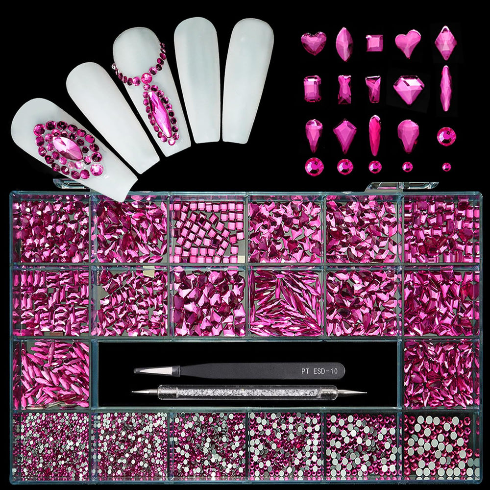Yzzseven rose-pink diamonds in 14 types for versatile nail art designs.