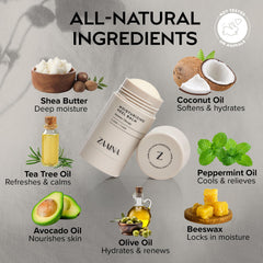 ZAAINA balm with shea butter and avocado oil nourishes skin.