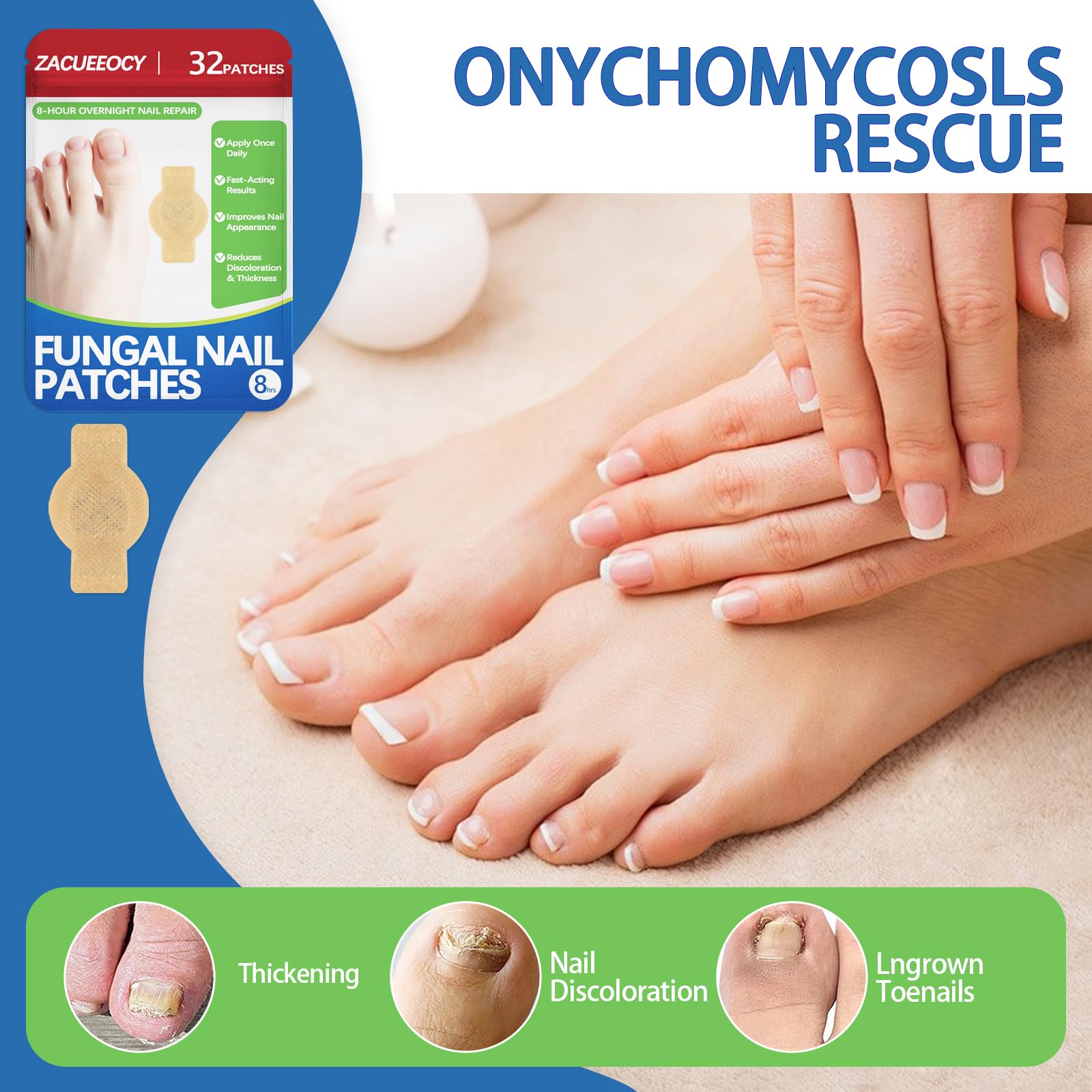 ZACUEEOCY Nail Fungus Patches applied to damaged nails before bedtime.