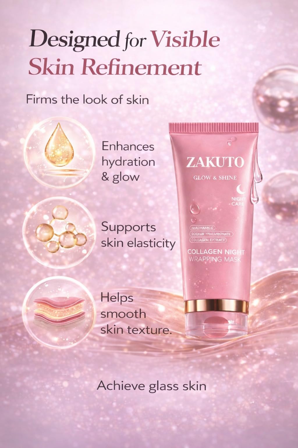 ZAKUTO Sleeping glow face demonstrates dewy, glass-skin finish next morning.