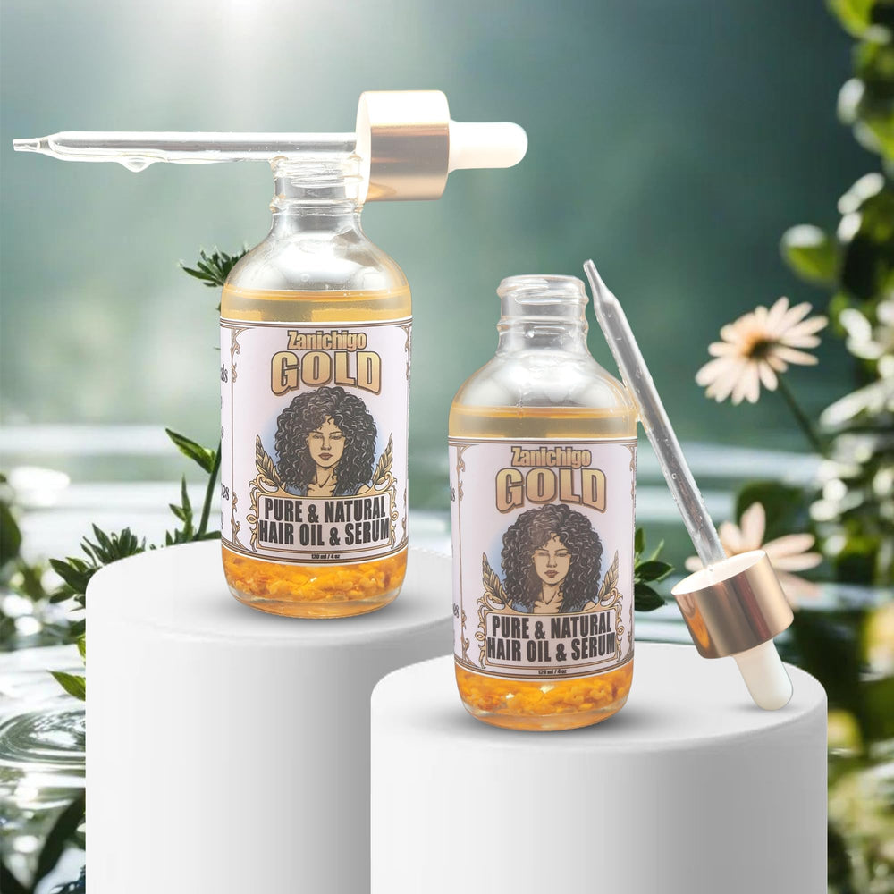 Zanichigo Gold Hair Oil amber liquid visible for deep conditioning impression