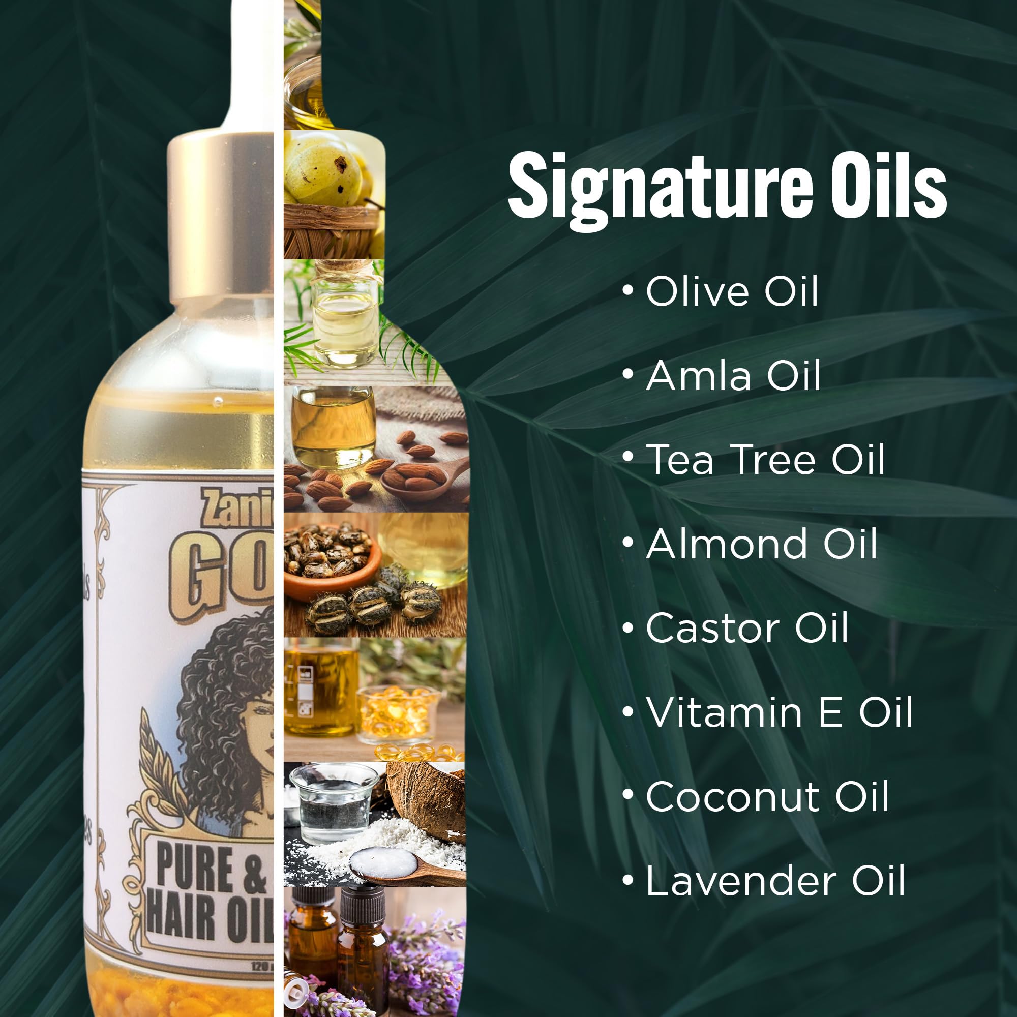 Zanichigo Gold Hair Oil bottle close-up highlighting lightweight hydration for all hair types