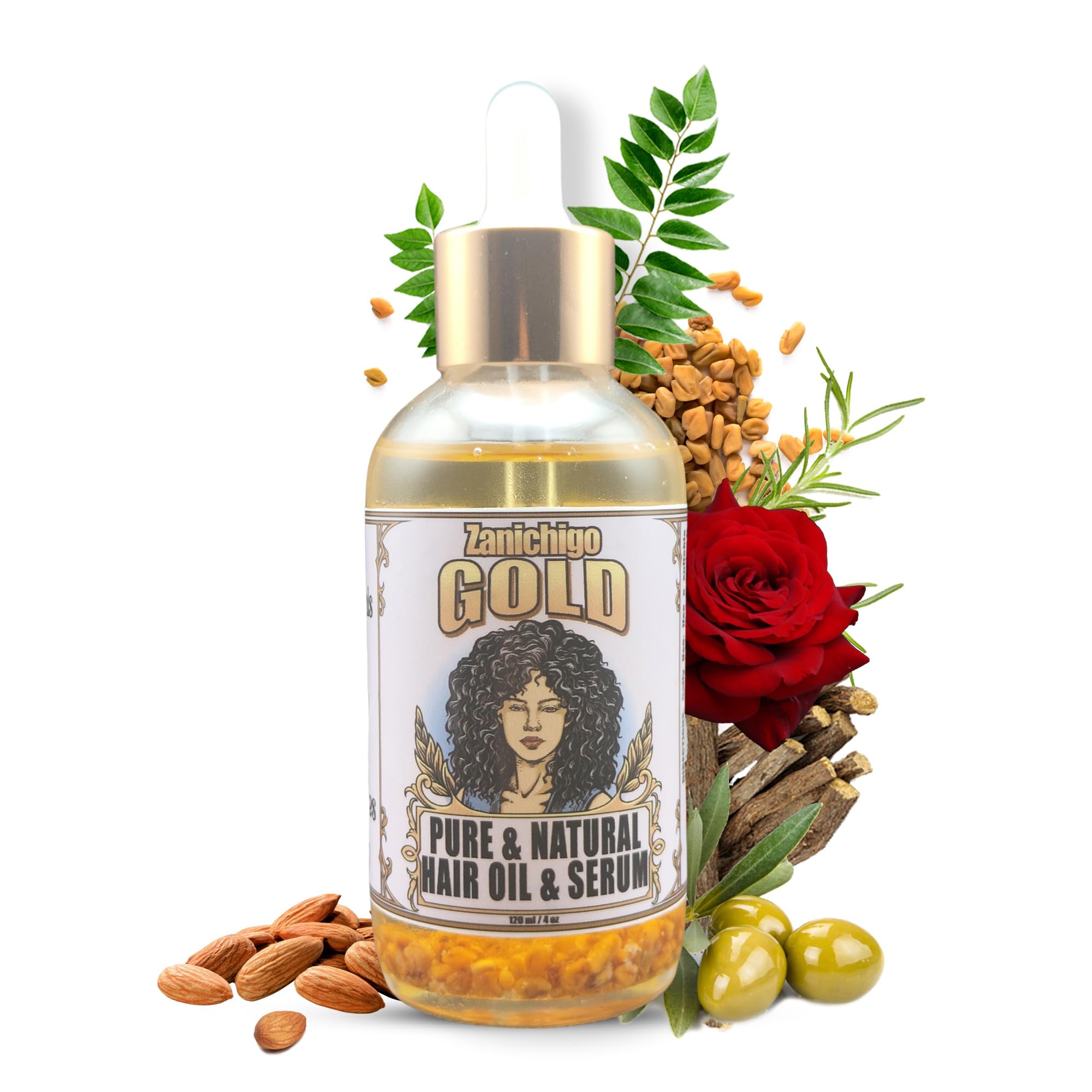 Zanichigo Gold Hair Oil bottle pour showing rich nourishment for dry, damaged hair