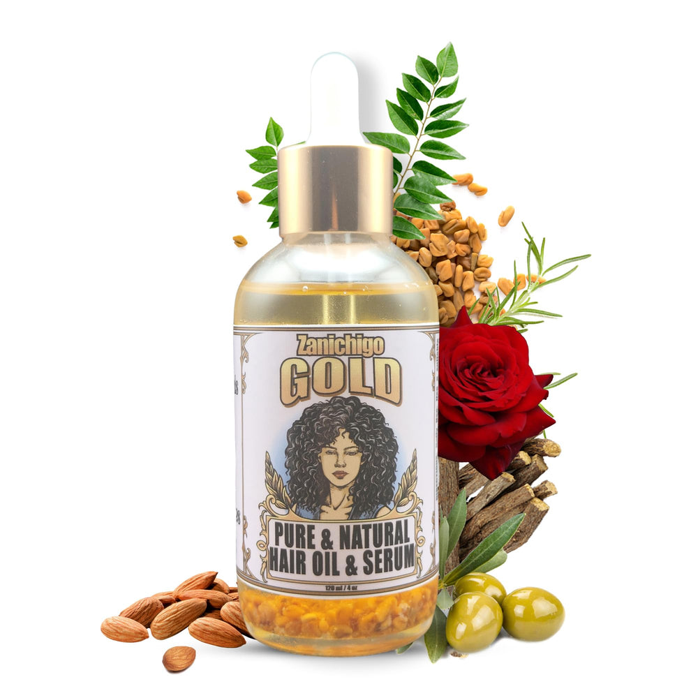 Zanichigo Gold Hair Oil bottle pour showing rich nourishment for dry, damaged hair