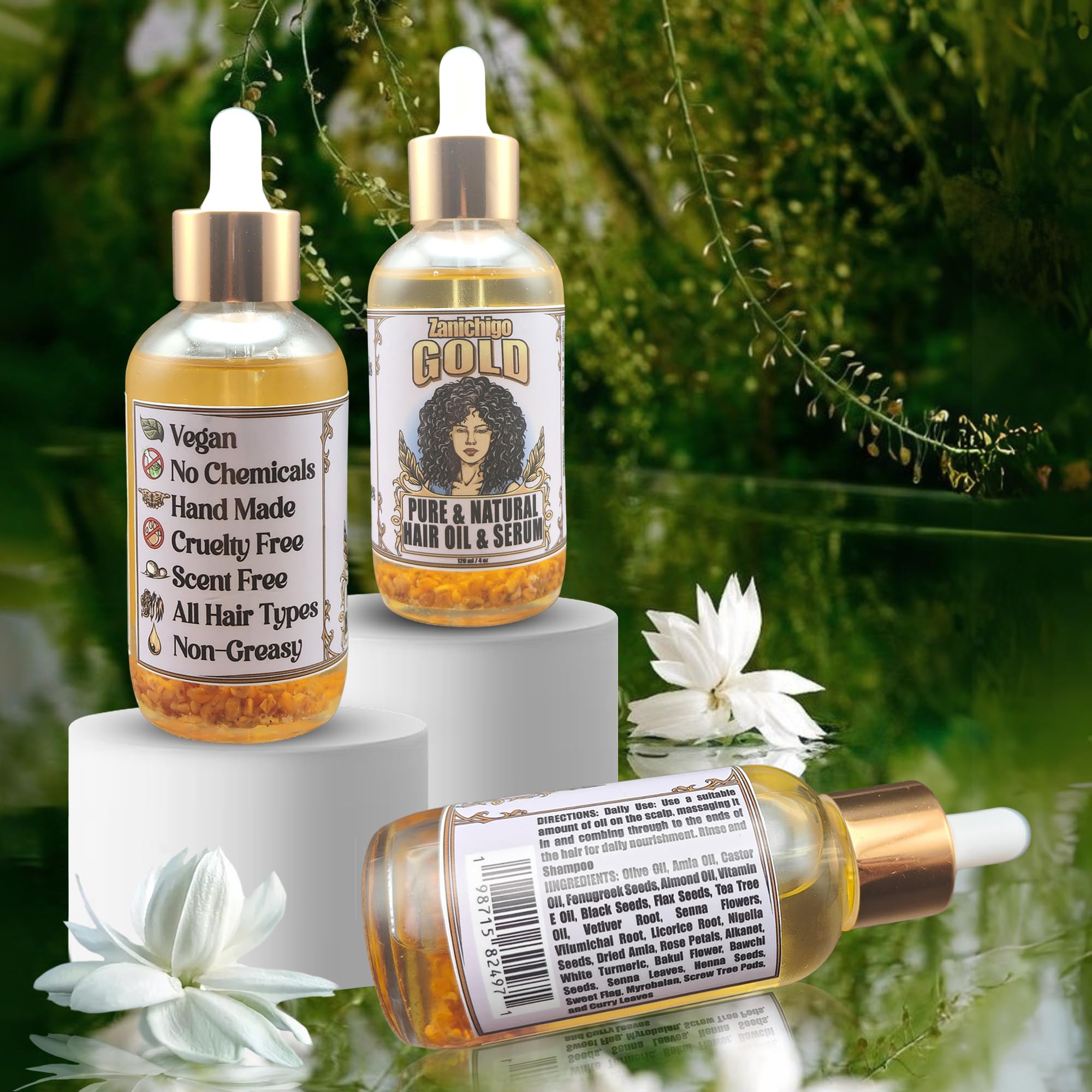 Zanichigo Gold Hair Oil drizzle on hair strand hints at conditioning benefits