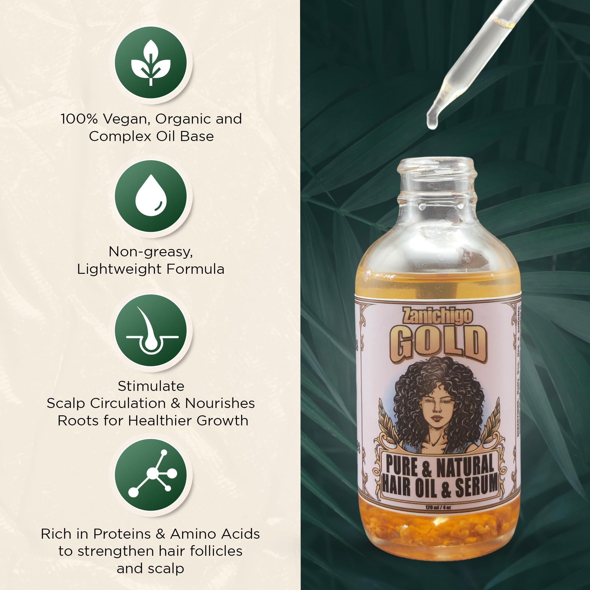 Zanichigo Gold Hair Oil ingredients visual featuring olives, amla, fenugreek