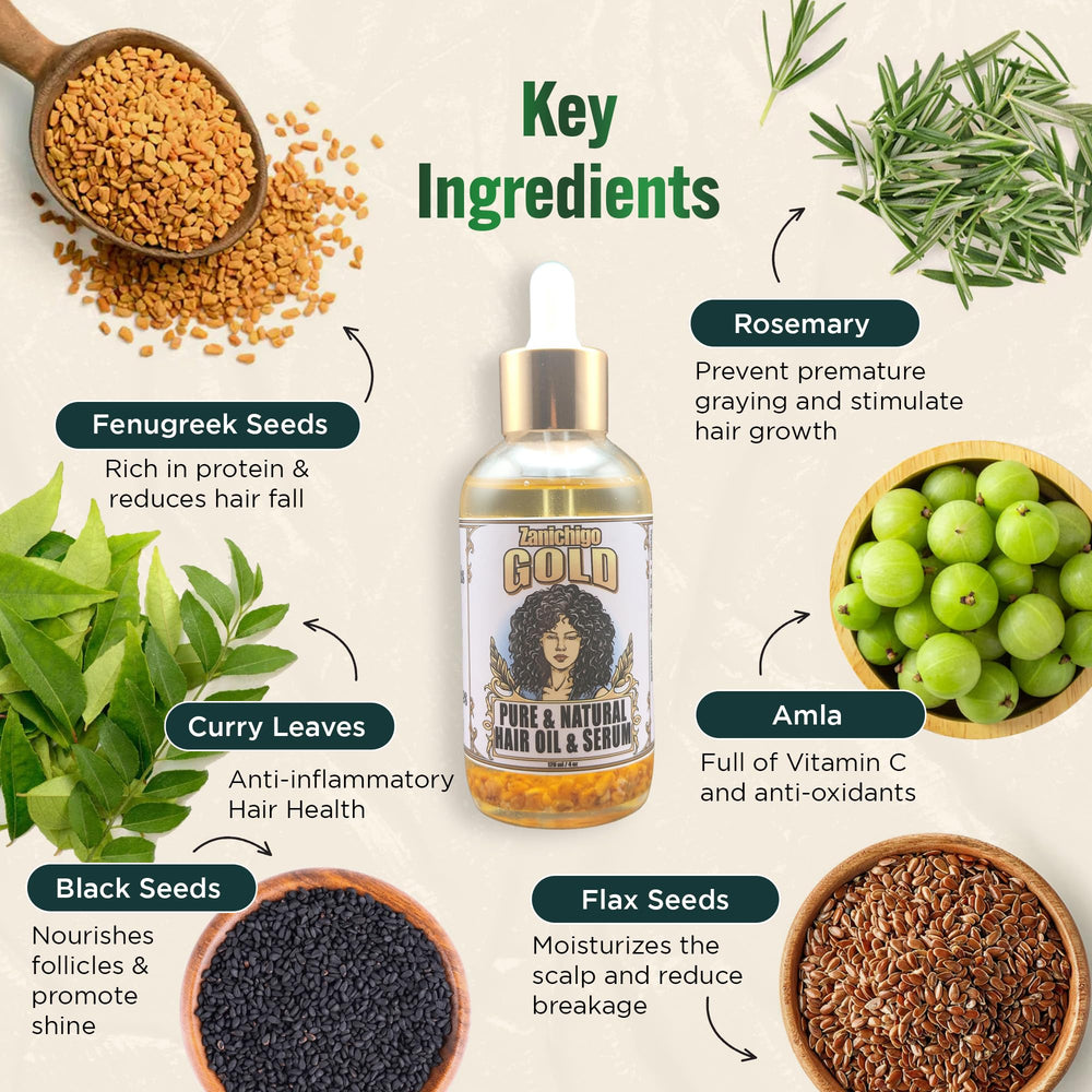 Zanichigo Gold Hair Oil label detail with natural formula and botanicals