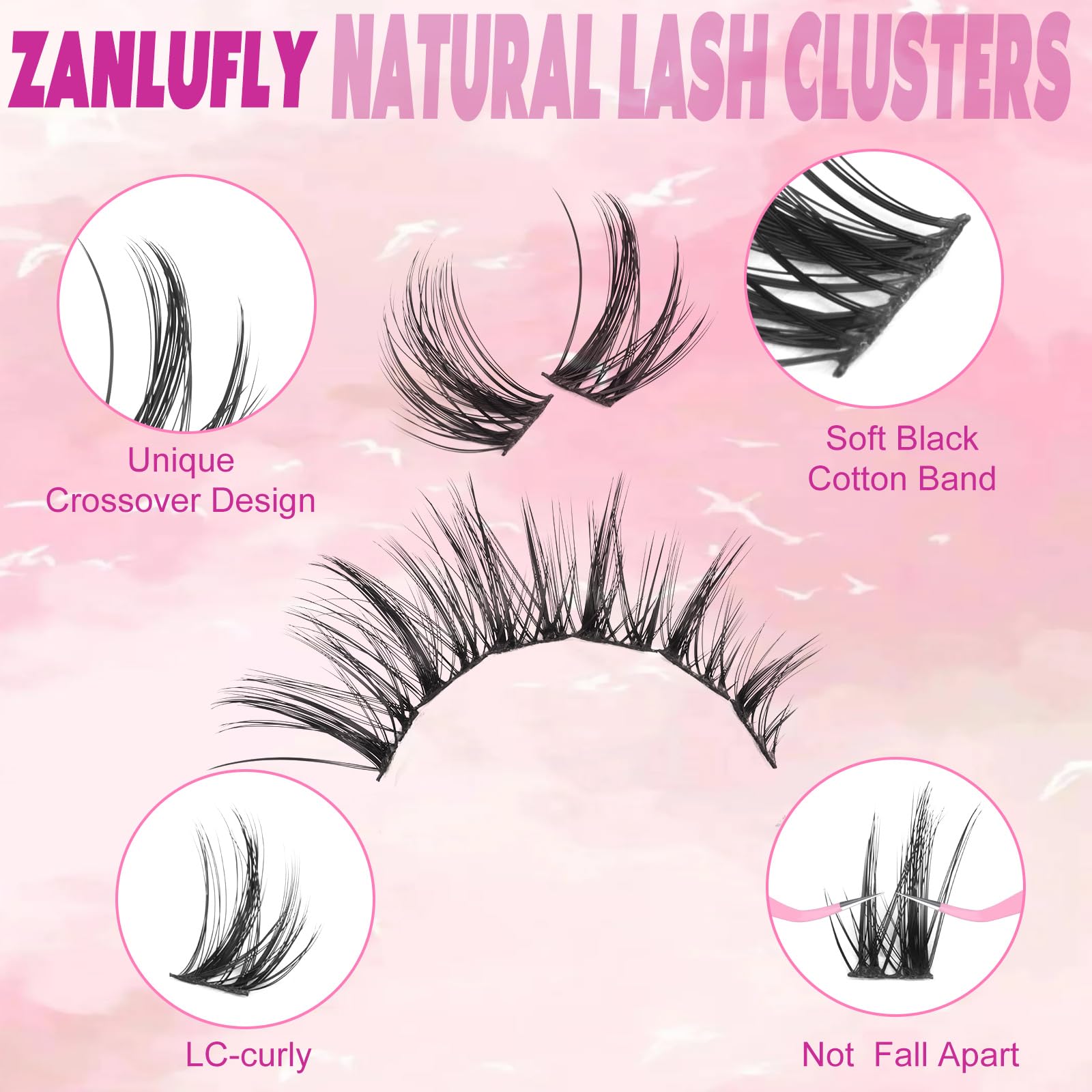 Zanlufly lash clusters in cat-eye wispy style for a refined look.