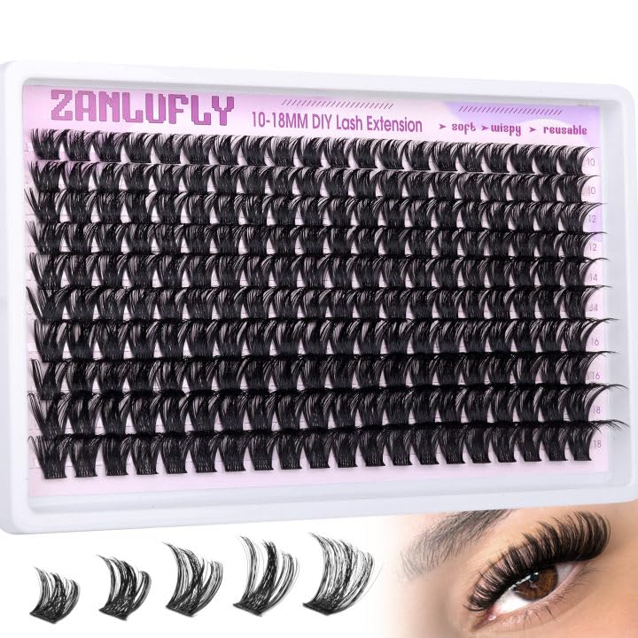 Zanlufly lash clusters wispy d-curly 10-18mm for natural flutter