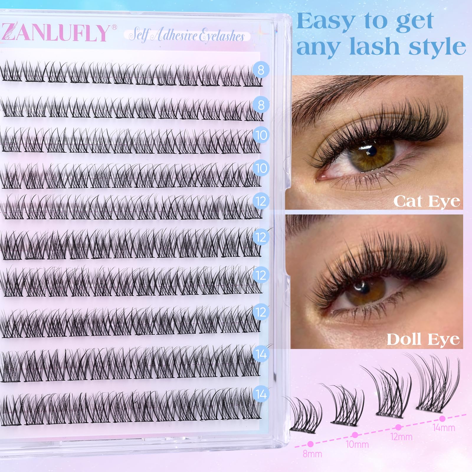 Zanlufly lash clusters close-up reveal pre-glued fibers for quick wear