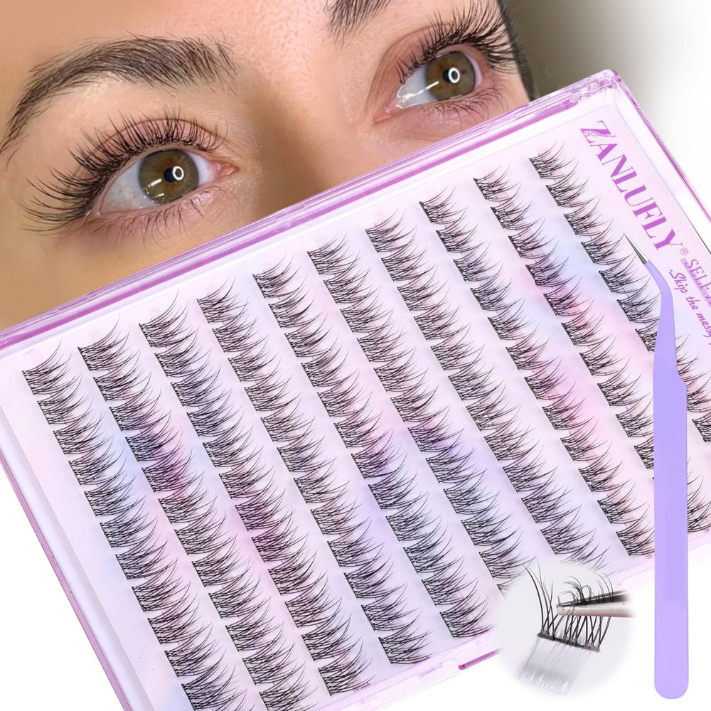 Zanlufly self-adhesive lash clusters tray for easy, glue-free application.
