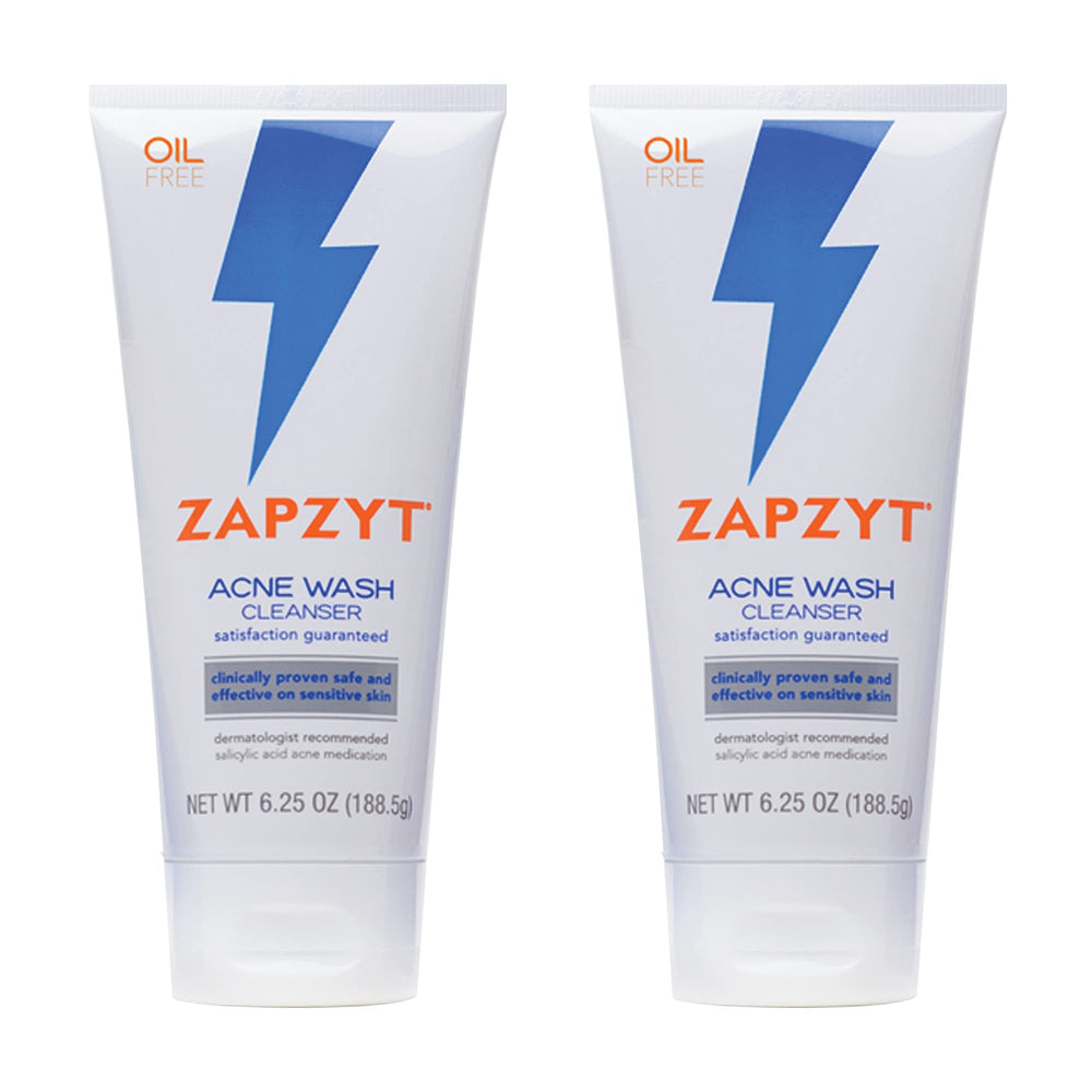 Zapzyt Acne Wash bottle front demonstrates gentle cleansing for sensitive, acne-prone skin.