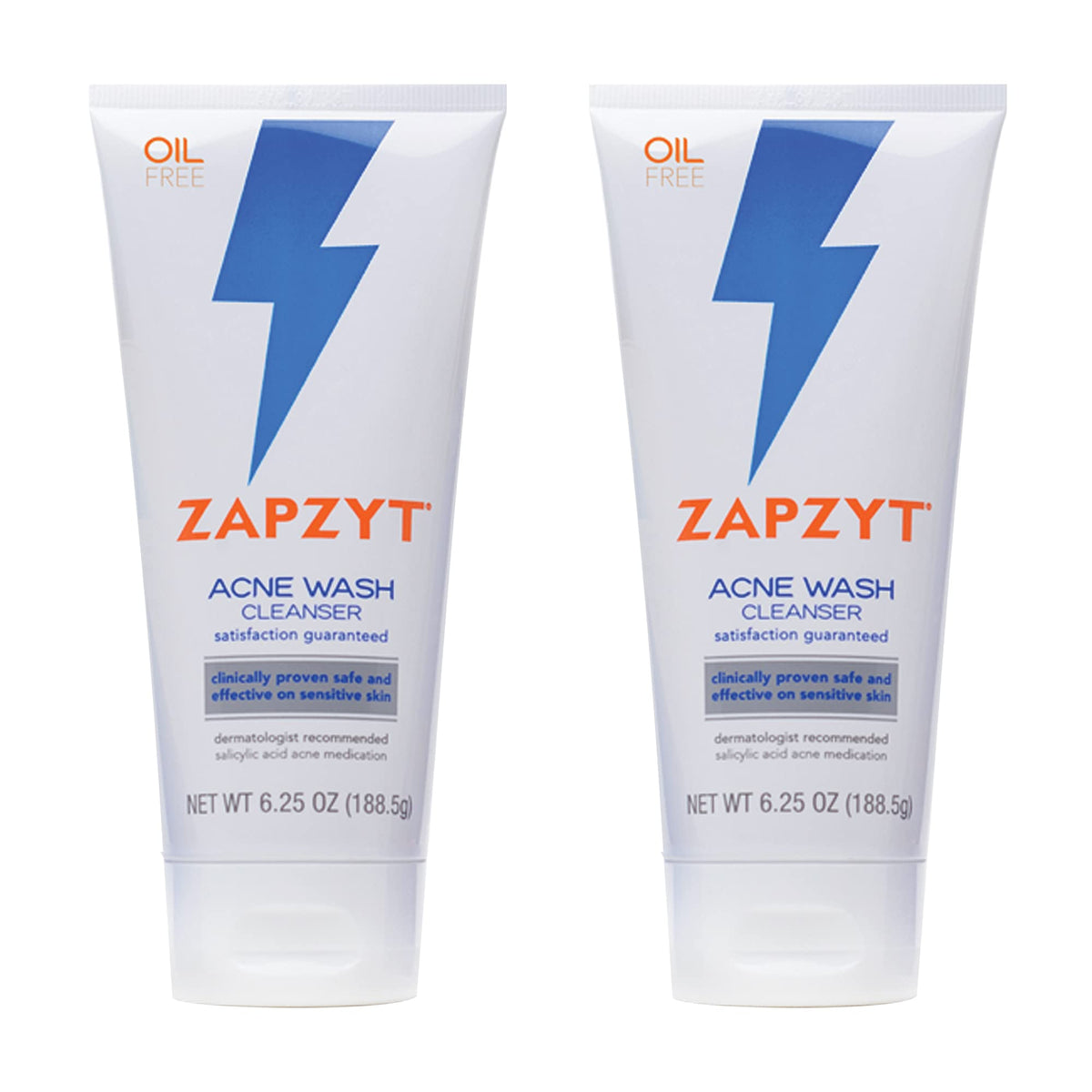 Zapzyt Acne Wash bottle front demonstrates gentle cleansing for sensitive, acne-prone skin.