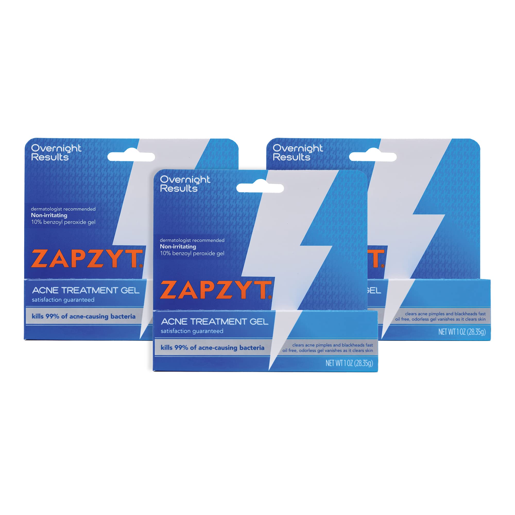 Zapzyt maximum strength gel tube showing the 10% benzoyl peroxide formula for acne care.