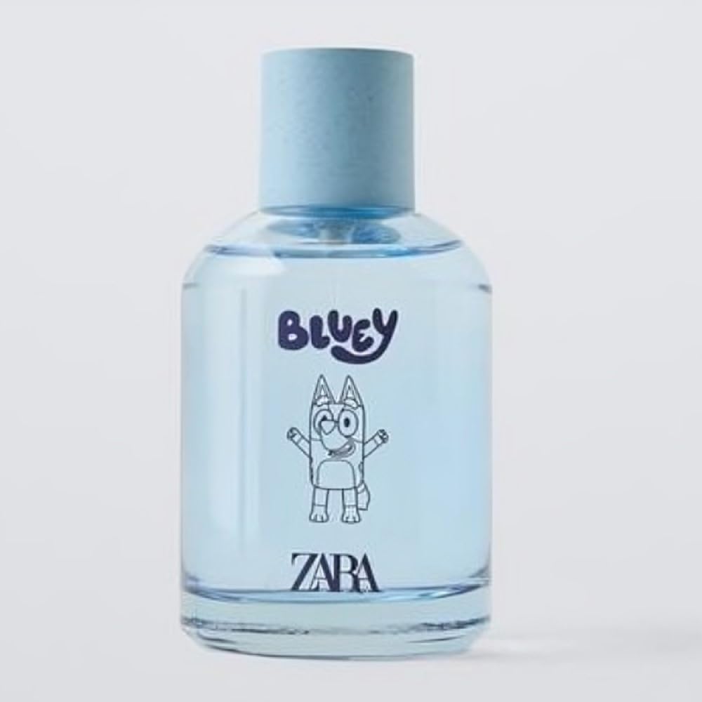 Zara Bluey Ludo Studio bottle closeup highlighting pear and lemon notes with sandalwood.