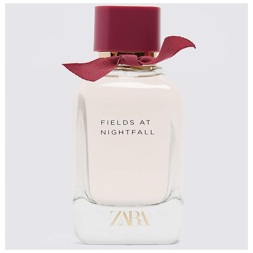 ZARA Fields at Nightfall EDP bottle close-up, rich praline notes evoke warm evening allure.