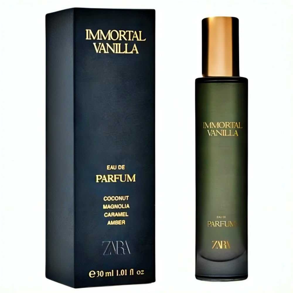 Zara Immortal Vanilla bottle viewed from the front, signaling a premium fragrance experience.