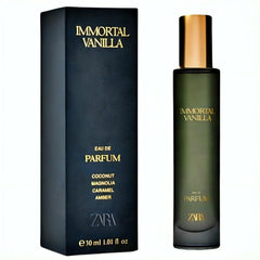 Zara Immortal Vanilla bottle viewed from the front, signaling a premium fragrance experience.