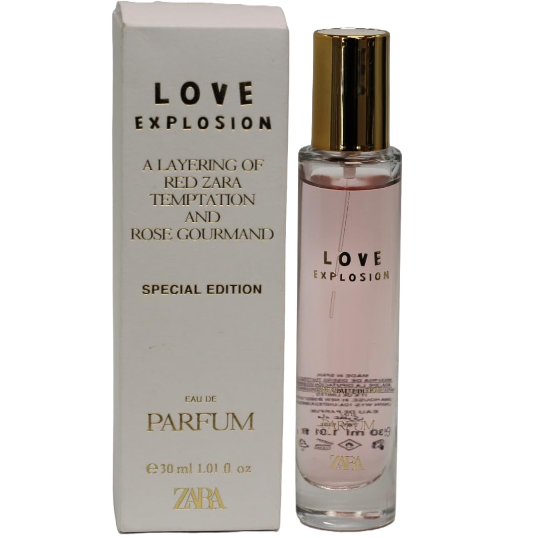 Zara Love Explosion Special Edition perfume bottle displays vibrant florals and vanilla warmth for everyday elegance.