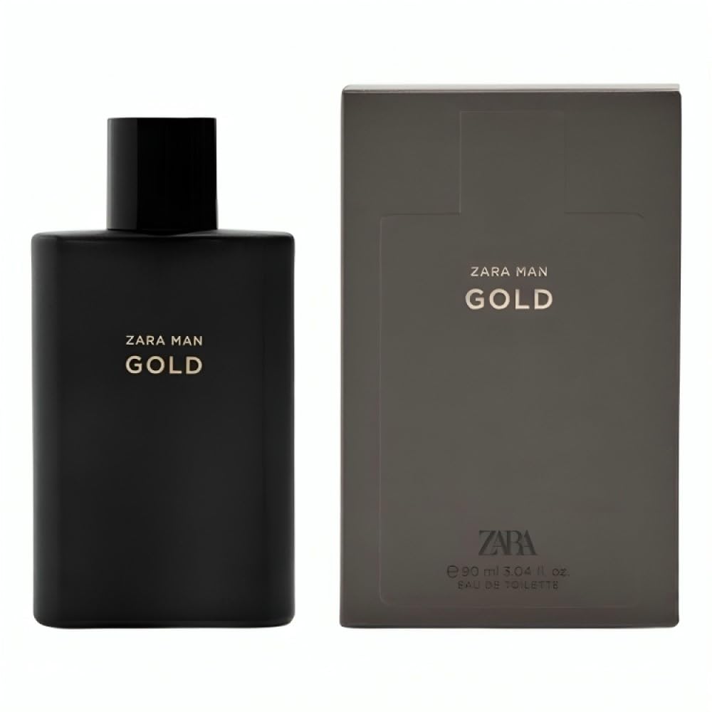 ZARA Man Gold bottle front view, woody scent ideal for evenings.