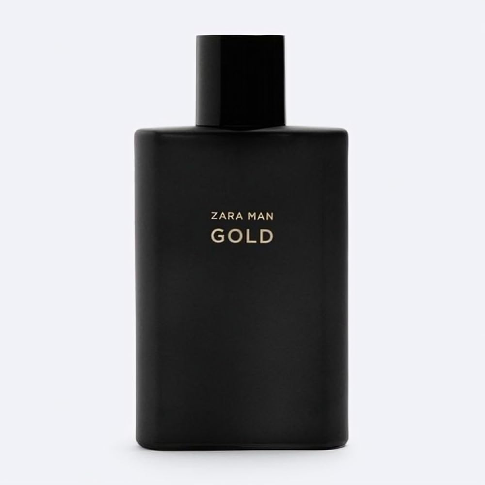 ZARA Man Gold bottle side view showcases modern design for night-out style.