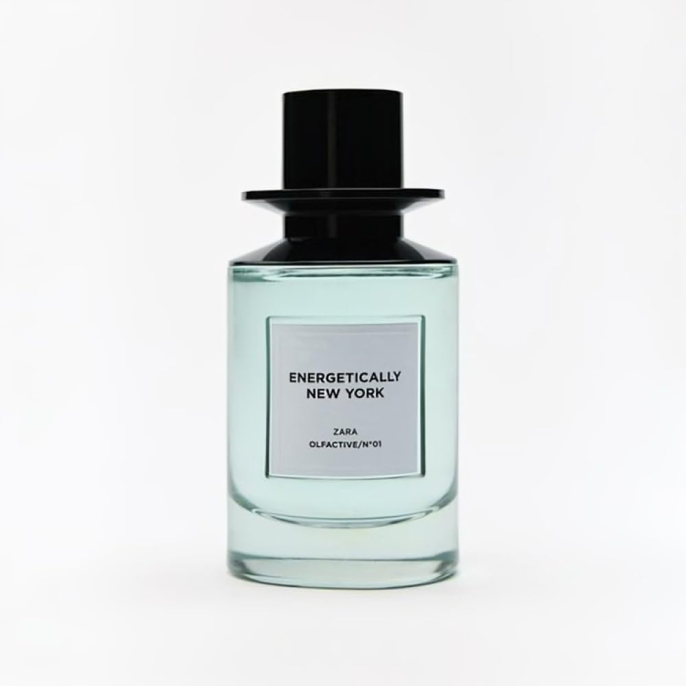 Zara Olfactive 01 Energetically New York EDP outer pack shot emphasizing warm sandalwood base for evenings.