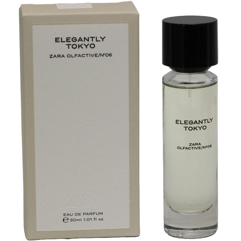Zara Olfactive Nº06 Elegantly Tokyo bottle pour shows a refined, travel-friendly fragrance.