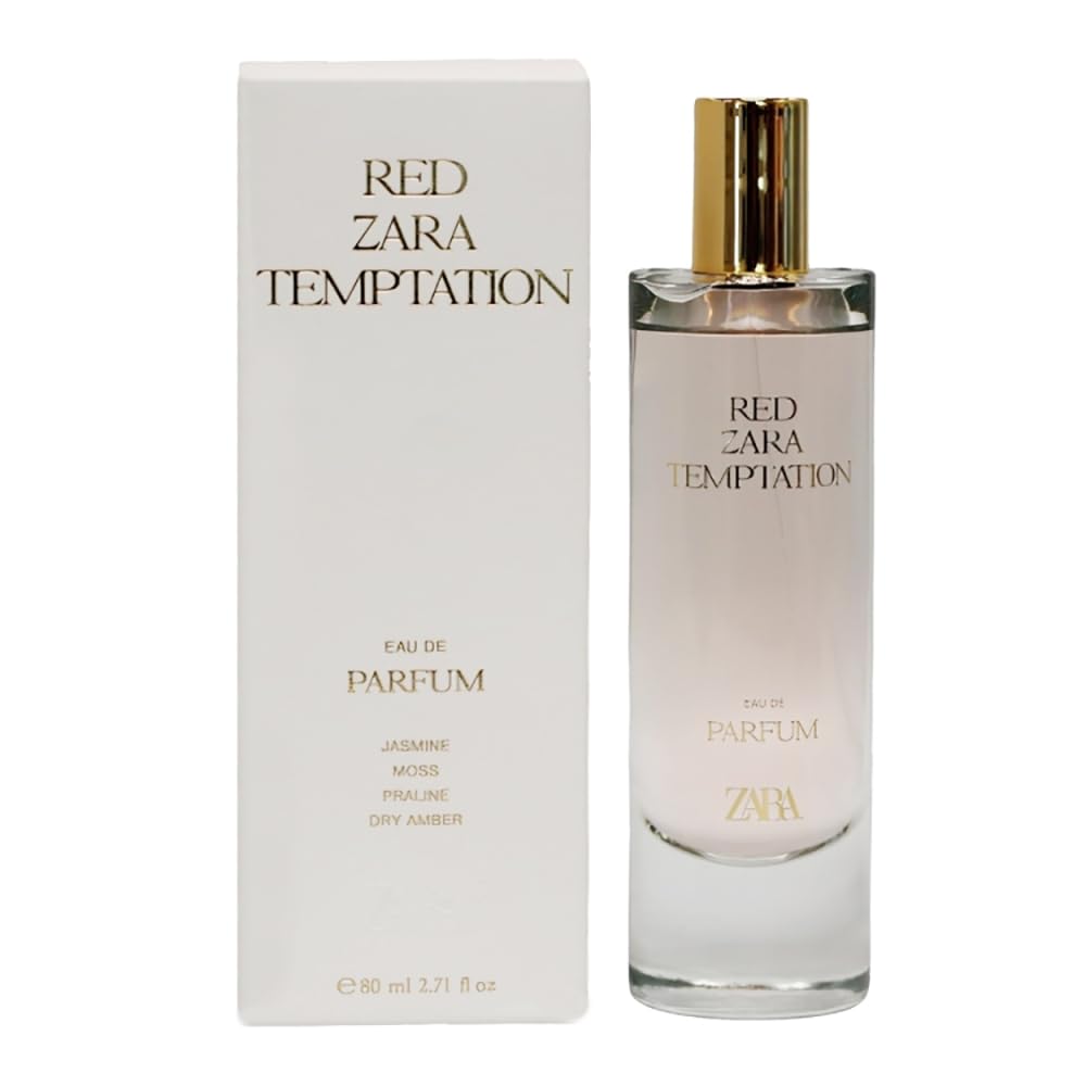 Zara Red Temptation bottle showing saffron top notes for bold elegance.