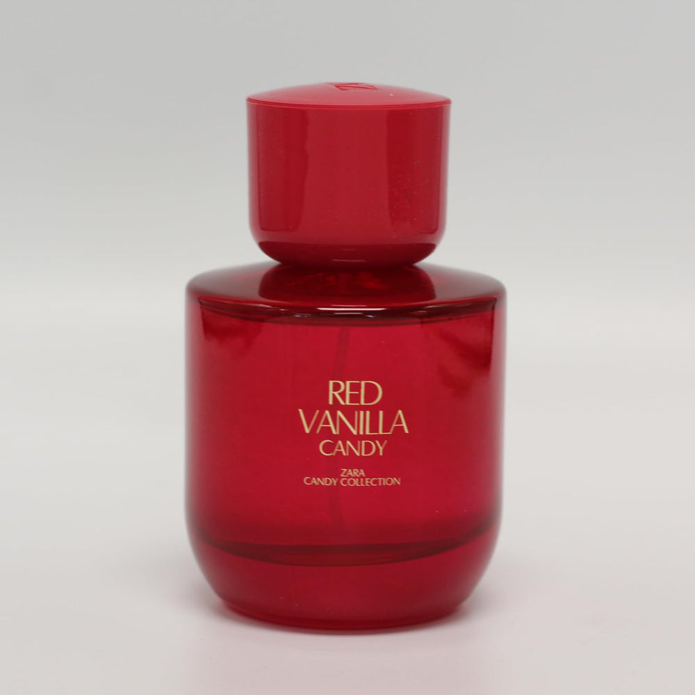 ZARA Red Vanilla Candy perfume glass close-up, ideal for day-to-night versatility.