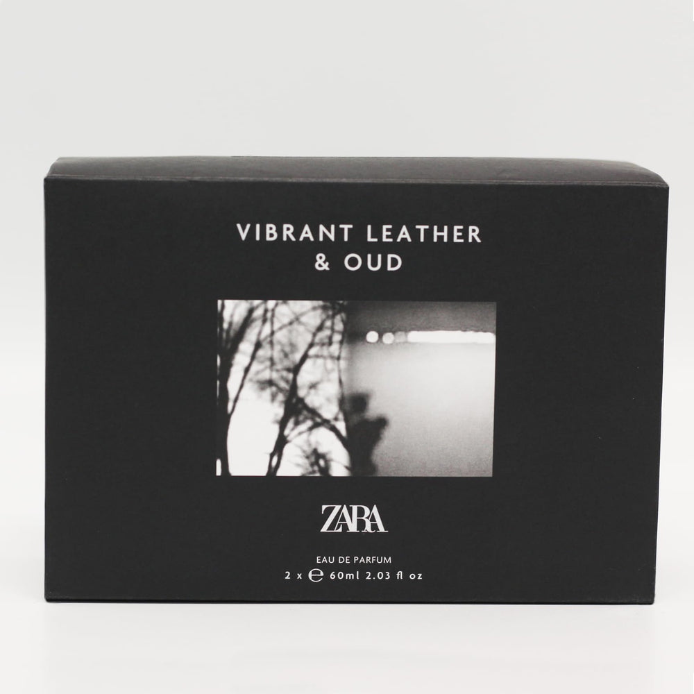 Zara Vibrant Leather Oud set packaging presented as an elegant gift-ready duo.