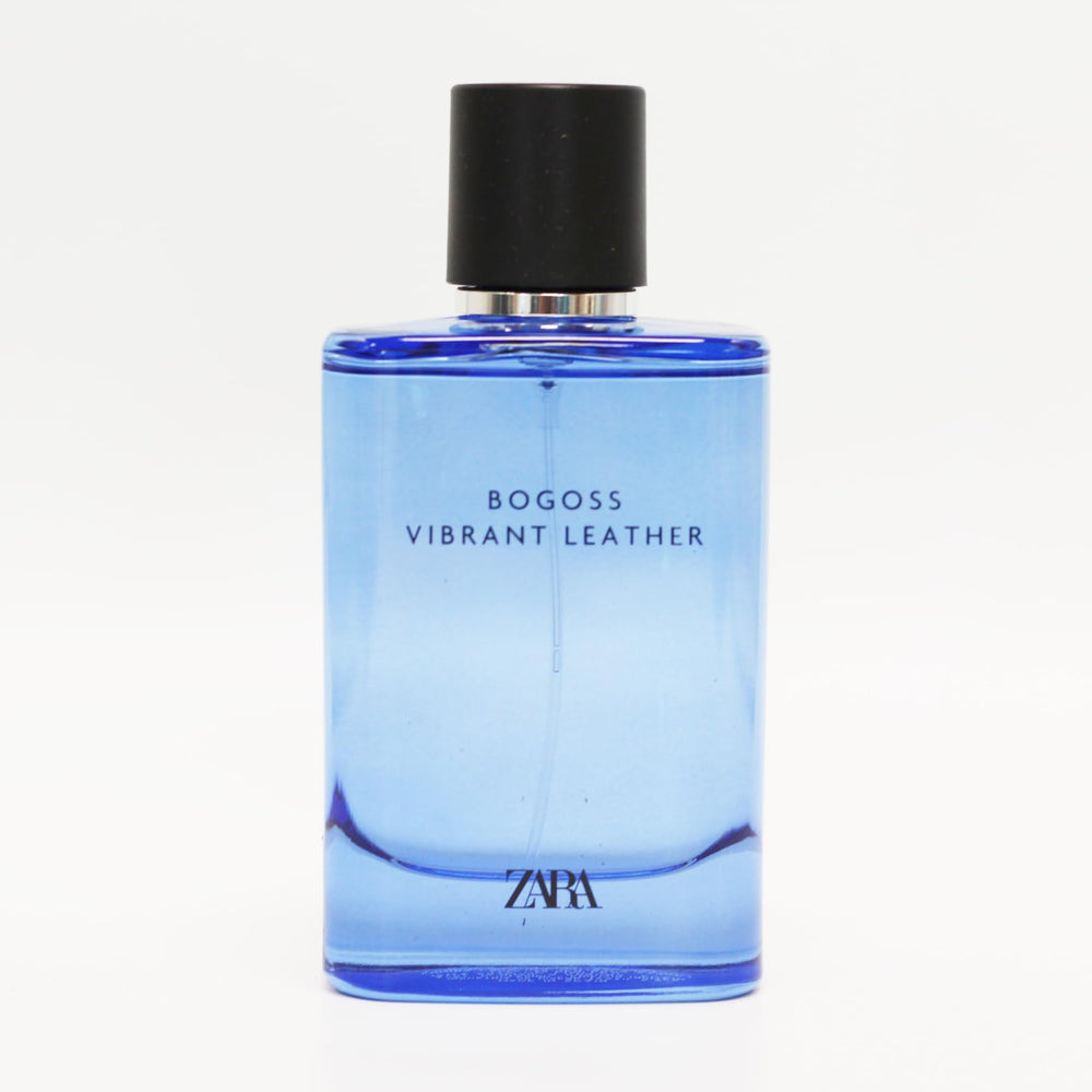 Zara Bogoss Vibrant Leather bottle close-up label highlights premium notes and long-lasting performance