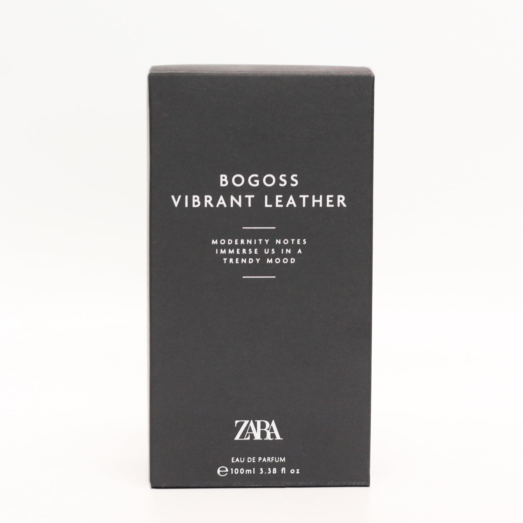 Zara Bogoss Vibrant Leather packaging box suggests a stylish gift-ready fragrance