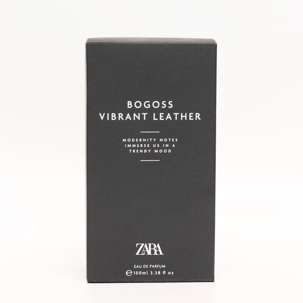 Zara Bogoss Vibrant Leather packaging box suggests a stylish gift-ready fragrance