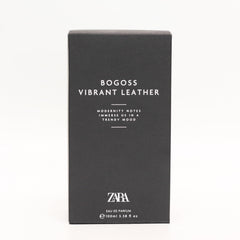 Zara Bogoss Vibrant Leather packaging box suggests a stylish gift-ready fragrance