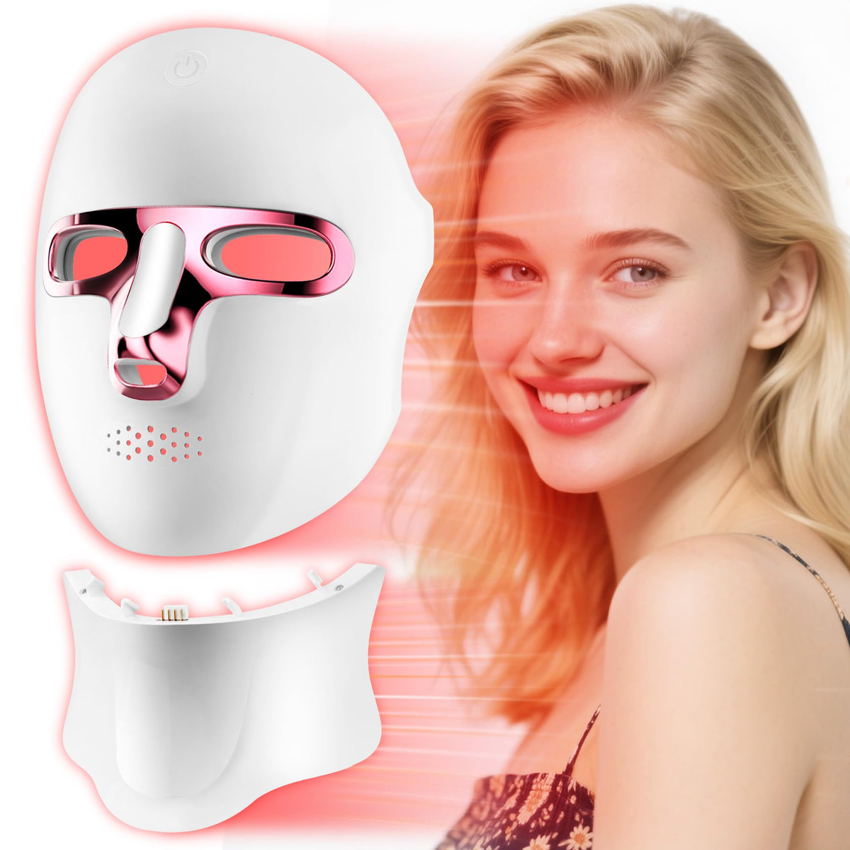 Zasabel red light therapy mask on the face promoting a brighter complexion.