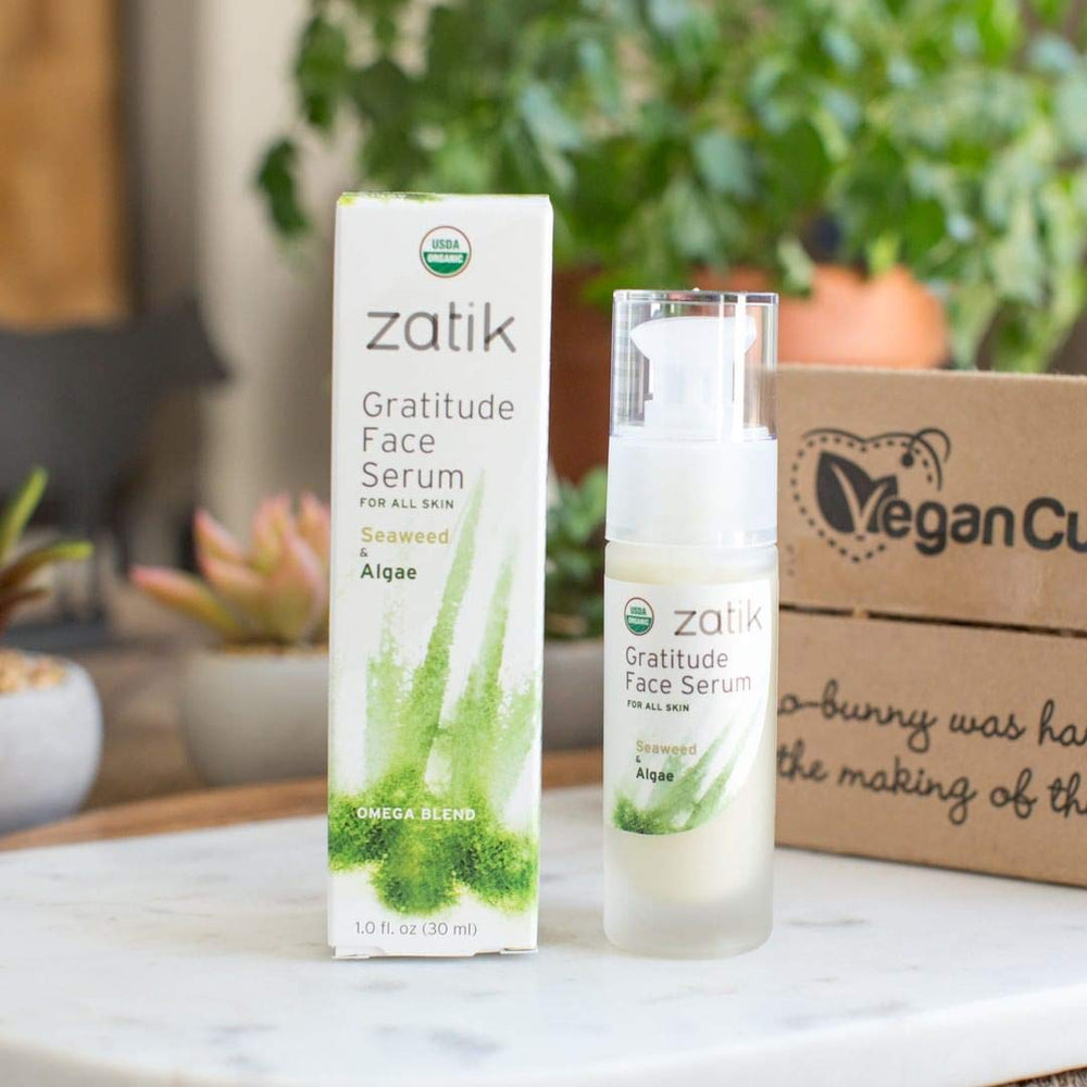 Packaging front of Zatik Gratitude Serum emphasizing organic, vegan formula.
