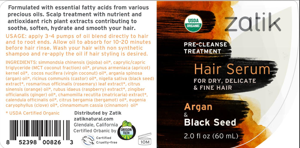 Zatik Hair Serum ingredient blend featuring argan and black seed oils