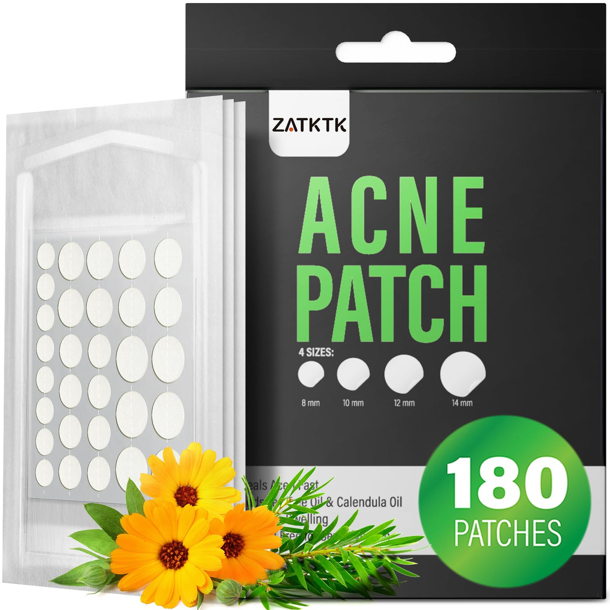 ZATKTK Acne Patch pack shows 180 counts across four sizes for versatile blemish care