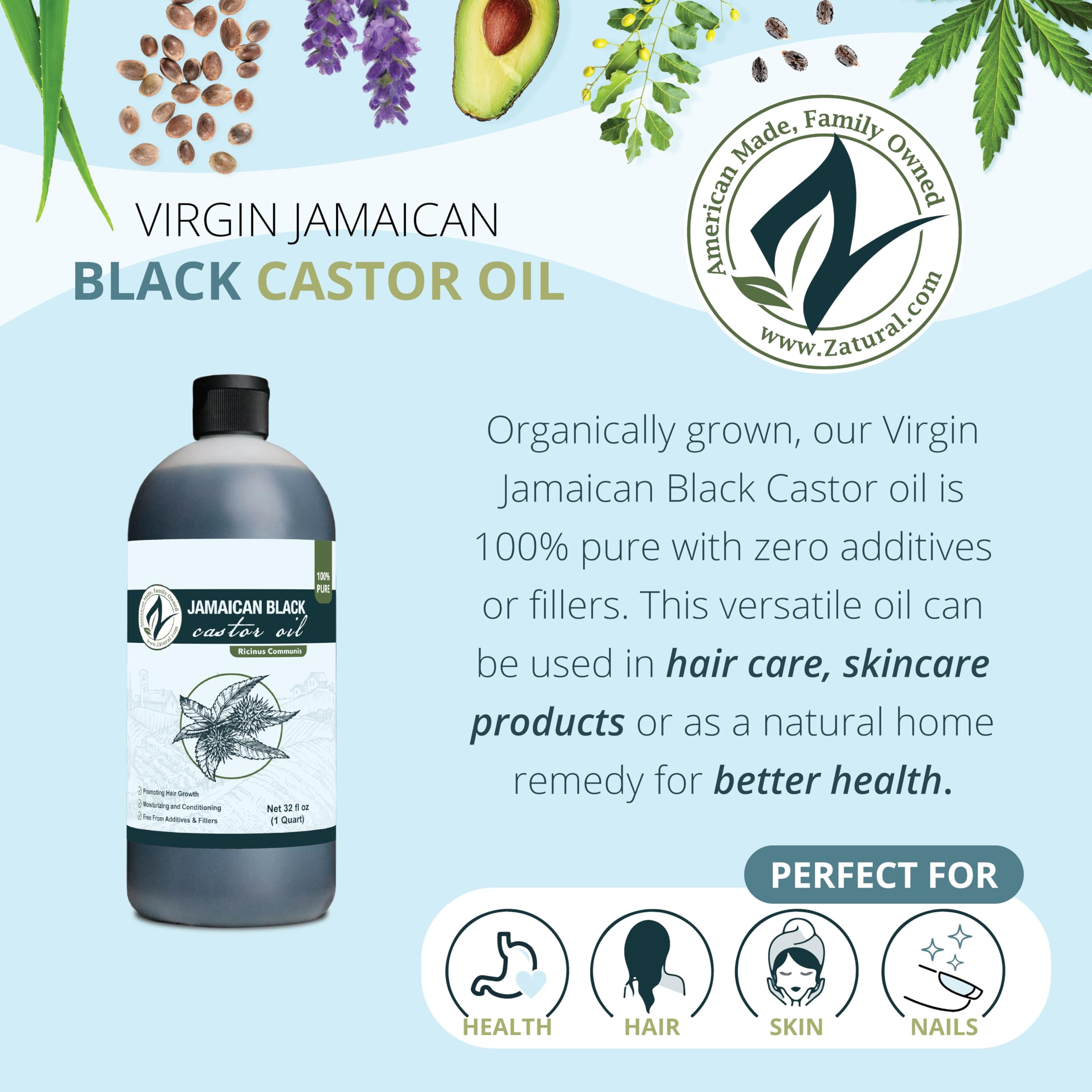 Zatural Black Castor Oil bottle label closeup highlights purity and Jamaican origin.