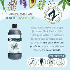 Zatural Black Castor Oil bottle label closeup highlights purity and Jamaican origin.