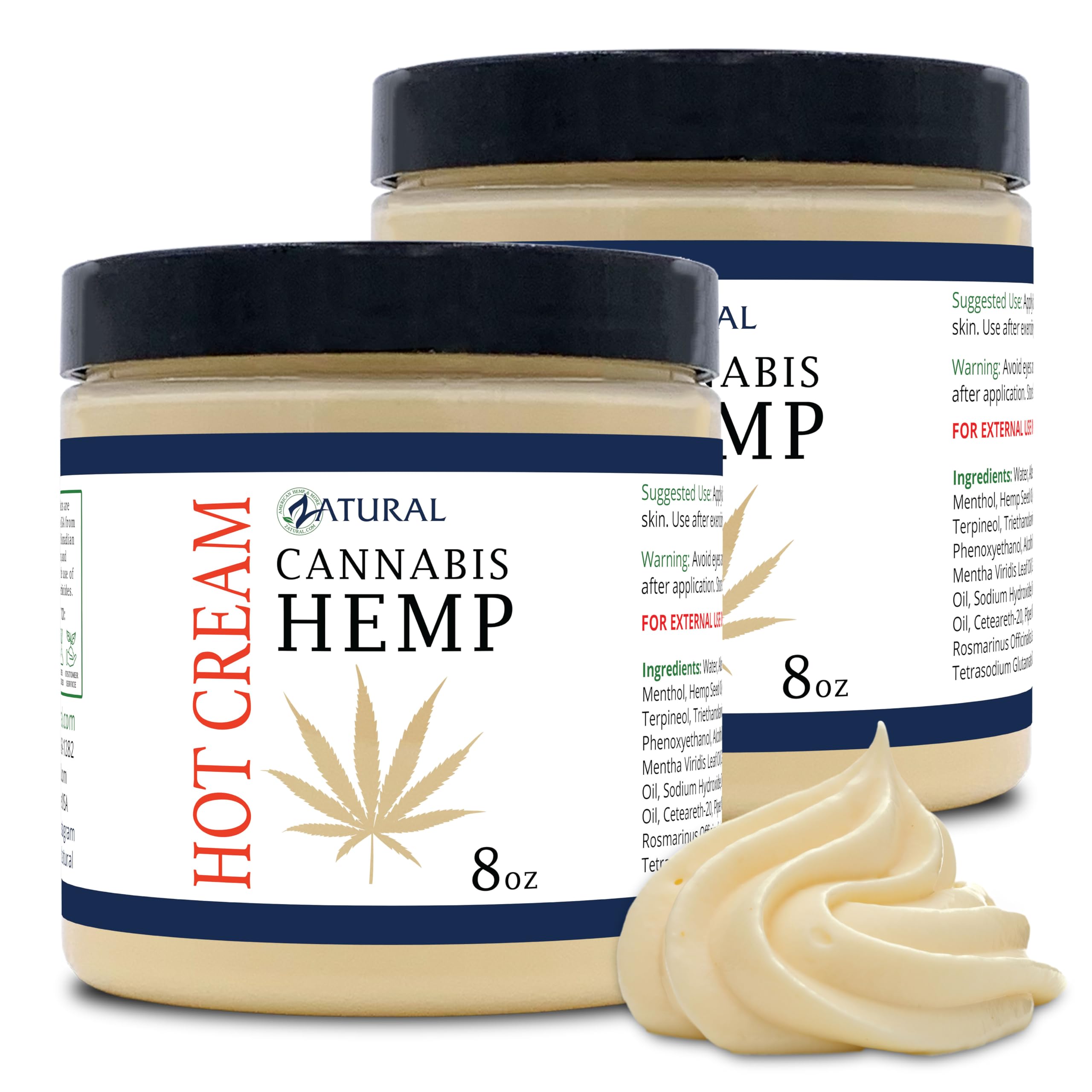 Zatural Hemp Hot Cream packaging with branding highlighting organic blend and natural quality for soothing muscles