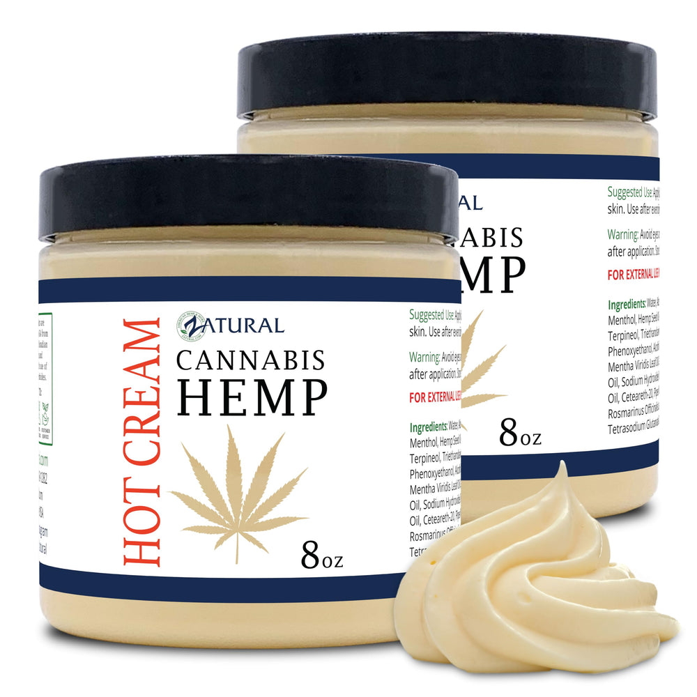 Zatural Hemp Hot Cream packaging with branding highlighting organic blend and natural quality for soothing muscles